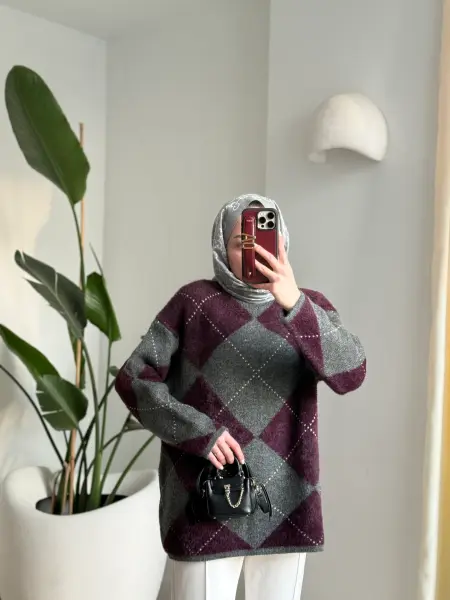 Baklavalı kazak mor