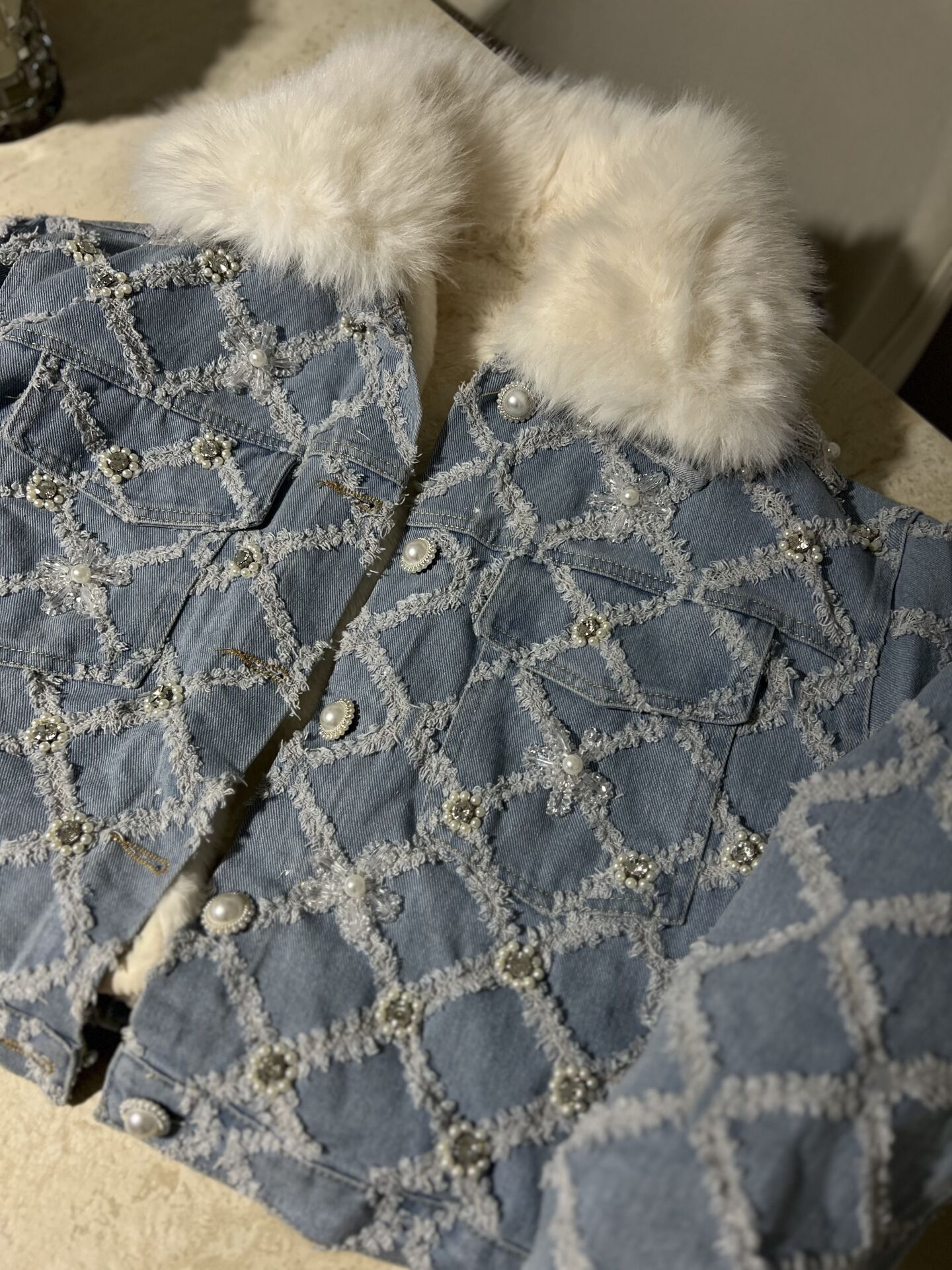 İthal / Kürklü Taşlı Kot Ceket