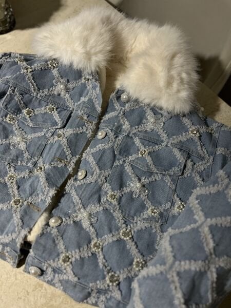 İthal / Kürklü Taşlı Kot Ceket