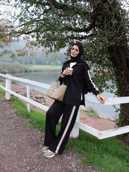 Şeritli Modal Eşofman Siyah