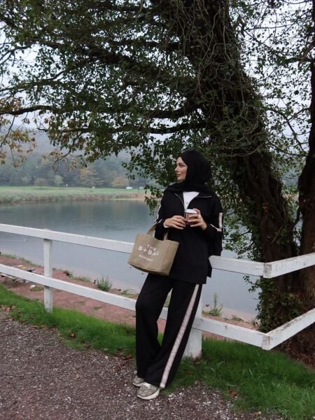 Şeritli Modal Eşofman Siyah