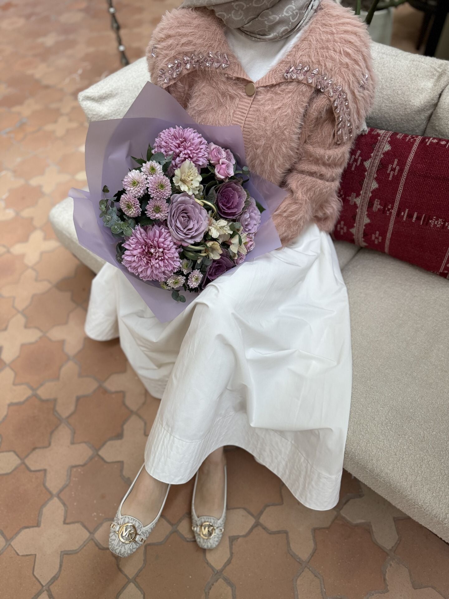 Şal yaka taşlı Angora ithal hırka