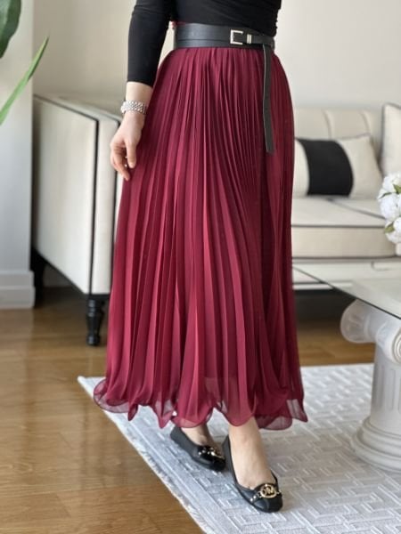 Şifon Piliseli Etek Bordo