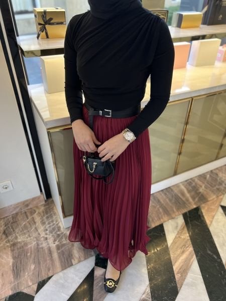 Şifon Piliseli Etek Bordo