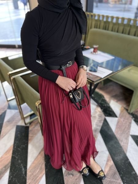 Şifon Piliseli Etek Bordo